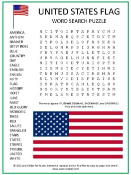 No Prep! USA United States of America Flag Word Search Puzzle Game Activity