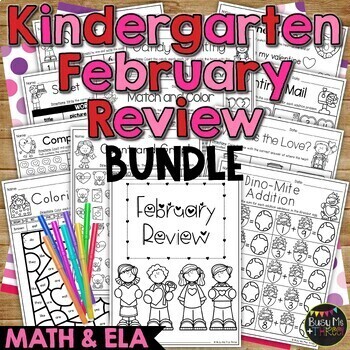 Preview of No Prep Valentines Day Activities for Kindergarten ELAR and MATH Review BUNDLE