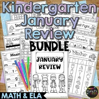 Preview of No Prep Winter Activities for Kindergarten ELAR and MATH Review BUNDLE | January