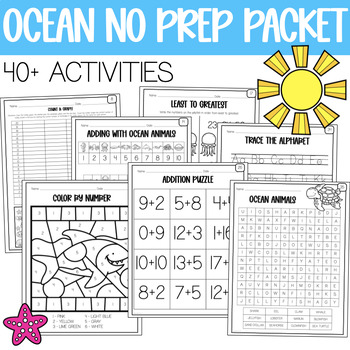 Preview of 1st Grade No Prep Packet, Ocean Themed (Sub Plans, Summer Review)