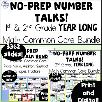 Preview of No Prep! YEAR LONG BUNDLE 1st and 2nd Grade Math Number Talks Teaching Slides