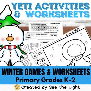 Preview of No Prep Yeti Winter Activity Games and Worksheets for First Grade w/ answer keys