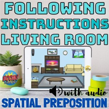 Preview of Following Instructions Living Room Spatial Preposition Boom Cards