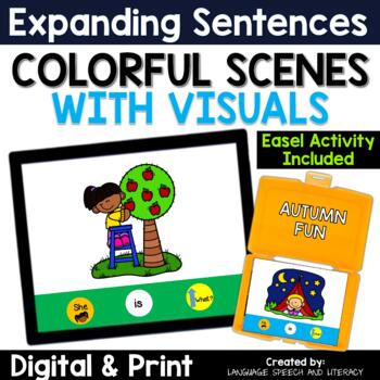 Preview of No Print Speech Therapy  Fall Expanding Sentences Scenes | Distance Learning