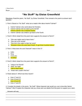 No Stuff By Eloise Greenfield Harriet Tubman Poem And Questions