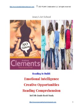 Preview of No Talking Book Study Andrew Clements 3rd-5th Grade Comprehension Vocab Art