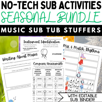 Preview of No Tech Elementary Music Sub Plans For All Seasons | Music Sub Tub Stuffers