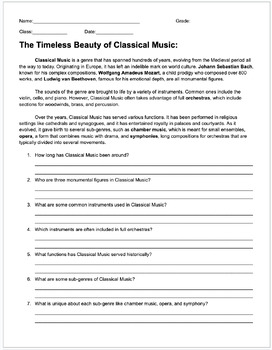 Preview of No prep sub worksheet: The Timeless Beauty of Classical Music