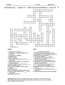 Noble Gases and Rare Earth Elements HS Crossword with Word Bank Form 2