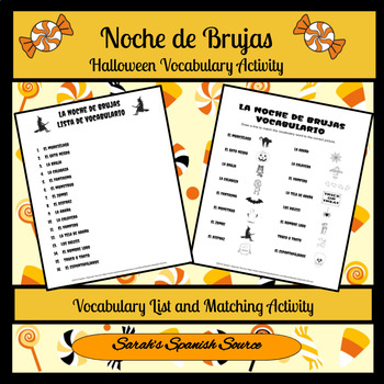 Preview of Noche de Brujas Halloween Spanish Matching Worksheet and Vocabulary List
