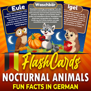 Preview of Nocturnal Animals, German Fun Facts Flashcards, Printable Posters cute animals