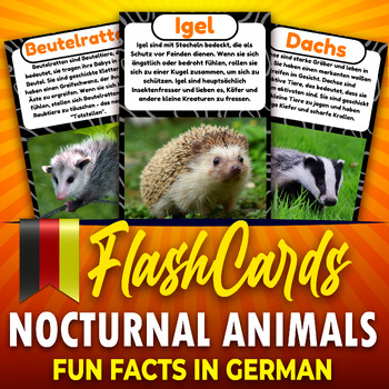 Preview of Nocturnal Animals, German Fun Facts Flashcards, Real Photos Printable Poster