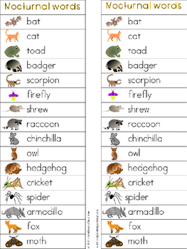 Nocturnal Animals Writing Center Words: Animal Words by Kristine Weiner