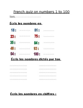 Preview of Nombres - French quiz on numbers 1 to 100