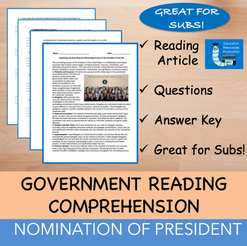 Preview of Nominating Process for President - Reading Comprehension Passage & Questions