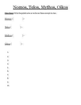 Preview of Nomos, Telos, Mythos, Oikos Guided Notes