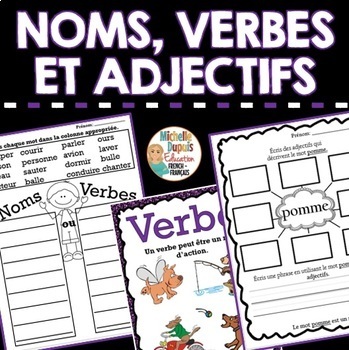 Preview of French Worksheets, Game, Verbs, Nouns, Adjectives - Noms verbes et les adjectifs
