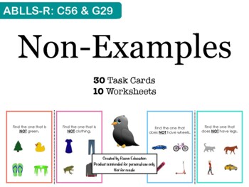 Preview of Non-Example Task Cards & Worksheets (Does NOT Belong / Negation)