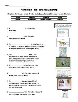 Preview of Non-Fiction Non Fiction Text Features Matching Worksheet Activity Assessment