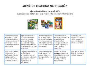Preview of Non-Fiction Reader's Response Menu (SPANISH)