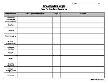 Preview of Non-Fiction Text Features Scavenger Hunt