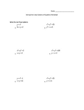 Preview of Non Linear Systems of Equations Worksheet
