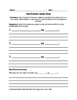 nonfiction book club worksheet by katherine harrelson tpt