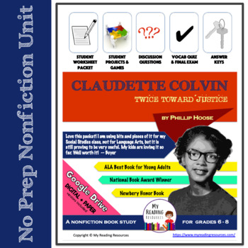 Preview of Nonfiction Book Unit: Claudette Colvin Twice Toward Justice (Print + DIGITAL)