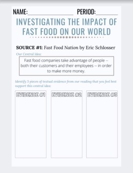 Preview of Nonfiction Central Idea Analysis: Investigating the Impact of Fast Food