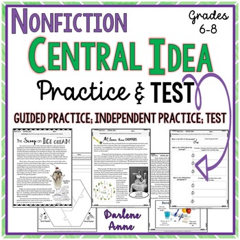 Preview of Nonfiction Central Idea Practice Worksheets & Test- Middle School ELA