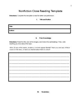 Preview of Nonfiction Close Reading Template