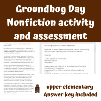 Preview of Nonfiction Groundhog Day article, activity, and assessment- Upper Elementary