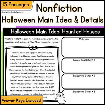 Preview of Nonfiction Halloween Reading Passages, Main Idea & Supporting Details Activities