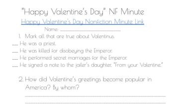 Preview of Nonfiction Minute questions for "Happy Valentine's Day." 