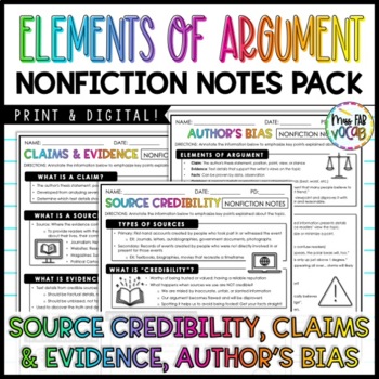 Preview of Nonfiction Notes Pack: Claims & Evidence, Source Credibility, Author's Bias