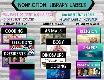 Preview of Nonfiction Rainbow or B&W Book Bin Labels (Over 108 Different Labels!)