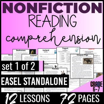 Preview of Nonfiction Reading Passages and Questions Set 1/2 6th 7th Grade Easel Activity