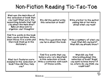 Reading Strategy Tic Tac Toe for Fiction Texts Worksheet