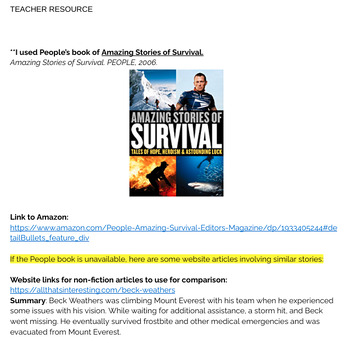 Preview of Nonfiction Survival Stories--Comprehension Check