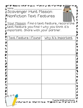 Nonfiction Text Feature Scavenger Hunt Missions by Teacher Will Run for