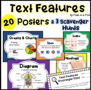 Preview of Nonfiction Text Features Anchor Chart Posters Worksheets & Scavenger Hunt