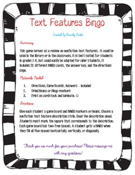 Preview of Nonfiction Text Features Bingo - Library Media Center or Classroom Activity