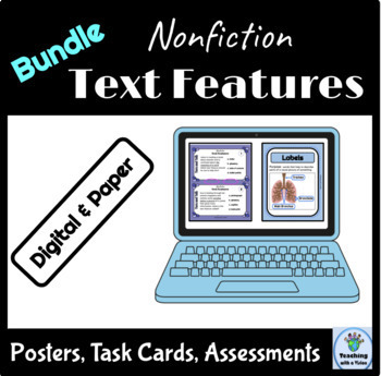 Preview of Nonfiction Text Features Bundle Task Cards, Assessments and Anchor Charts