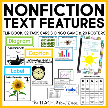 Nonfiction Text Features Unit | Posters, Flip Book, Task Cards & More