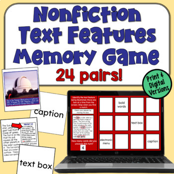 Preview of Nonfiction Text Features Memory Game in Print and Digital