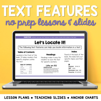 Preview of Nonfiction Text Features Mini Lessons: Lesson Plans, Google Slides, & Posters