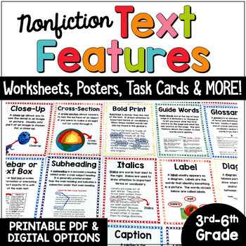 Preview of Nonfiction Text Features Anchor Chart, Posters, Worksheets, Task Card Activities