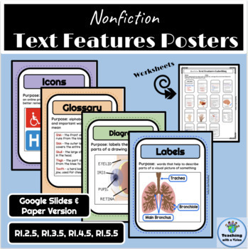 Preview of Nonfiction Text Features Google Slides, Posters and Worksheets Printable