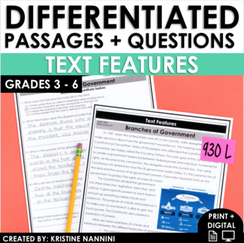 Preview of Nonfiction Text Features Leveled Reading Passages with Comprehension