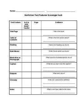 Preview of Nonfiction Text Features Scavenger Hunt